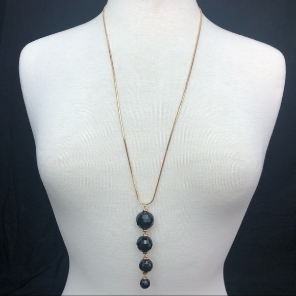 Long Black 4 Bead Simple Gold Necklace - Picture 2 of 3